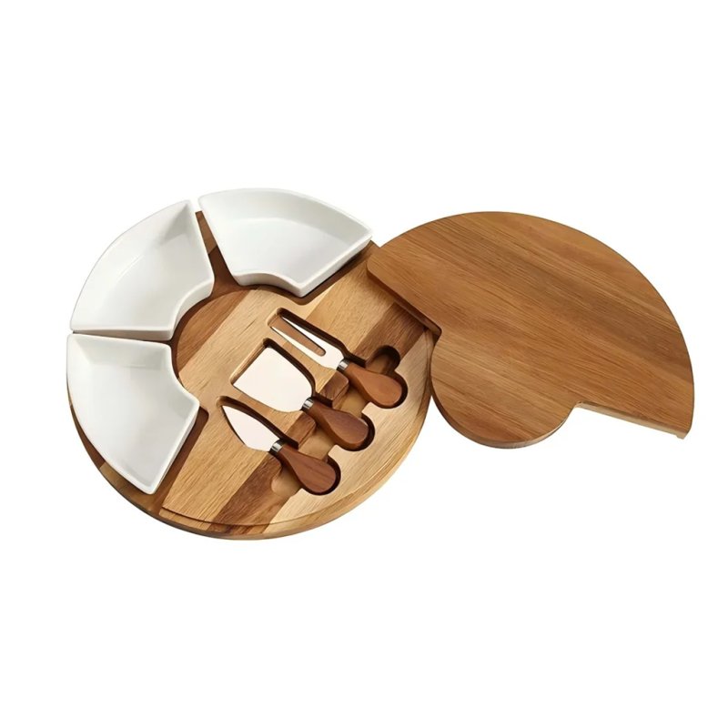 Round Acacia Wood Cheese Board Set With Ceramic Dishes And Stainless Steel Utensils