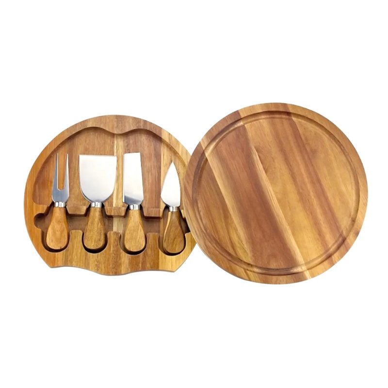  Round Flip-Top Acacia Wood Cutting Board with Utensils for Charcuterie and Party Serving