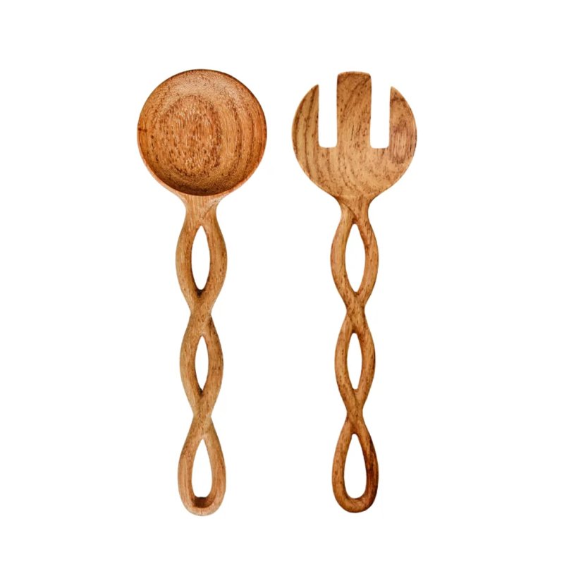 Hand Carved Twisted Handle Acacia Wood Salad Serving Spoon & Fork Set