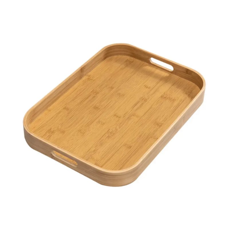Rounded Rectangle Bamboo Tray with Cutout Handles for Drinks, Snacks and Food Table Serving