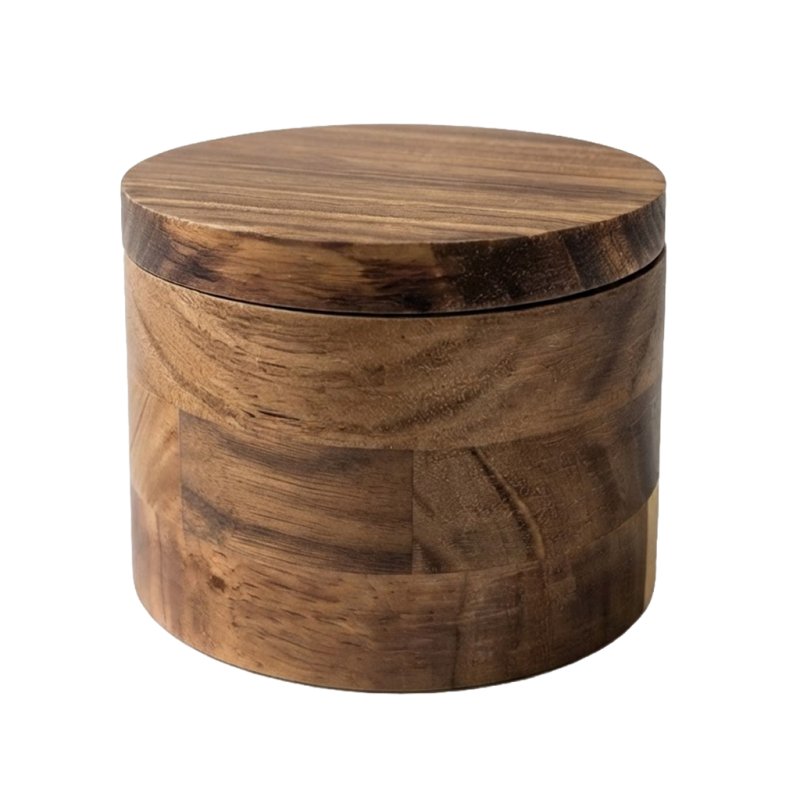 Round Acacia Wood Salt Box with Magnet Lid for Kitchen Spice and Seasoning Storage