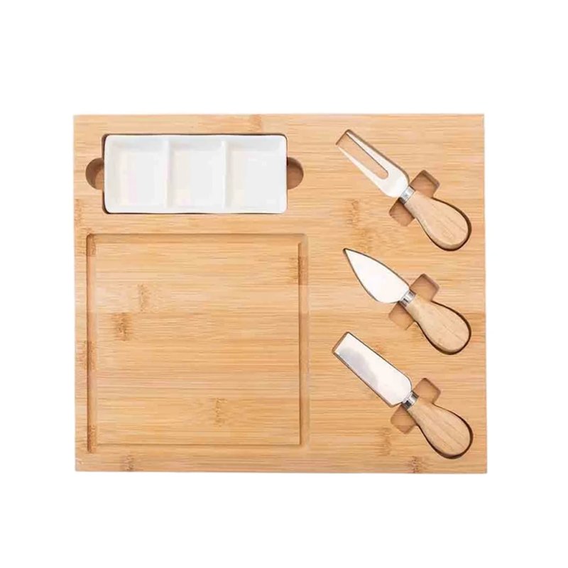 Square Bamboo Cheese Board Set with Ceramic Tray and Three Cheese Tools