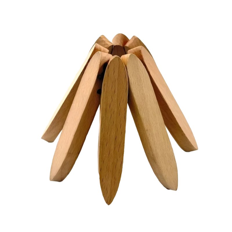 Foldable Petal Shaped Beech Wood Coaster Heat Resistant Table Cup Mat For Kitchen Daily Use