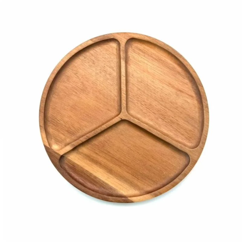  Round Acacia Wood 3-Compartment Divided Serving Plate for Appetizer and Snack Serving