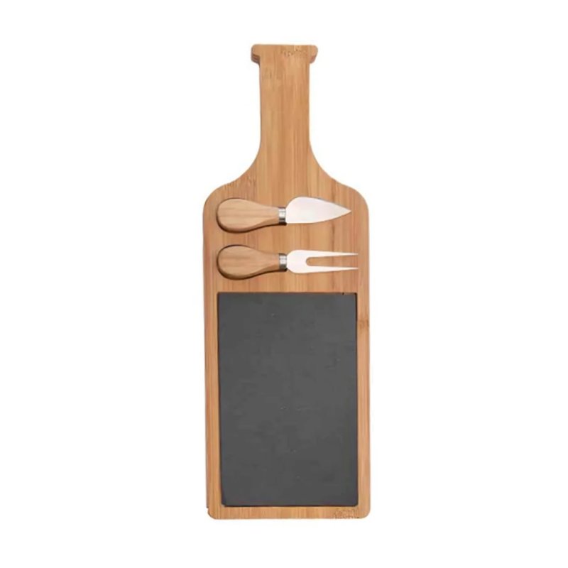 Bamboo Wine Bottle Shaped Cheese Board with Slate Inset & Cheese Tools