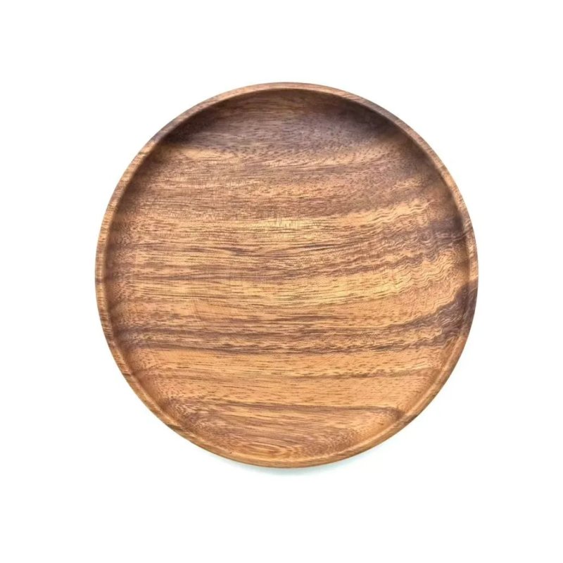 Round Acacia Wood Serving Plate with Low Raised Rim for Food and Decor Display