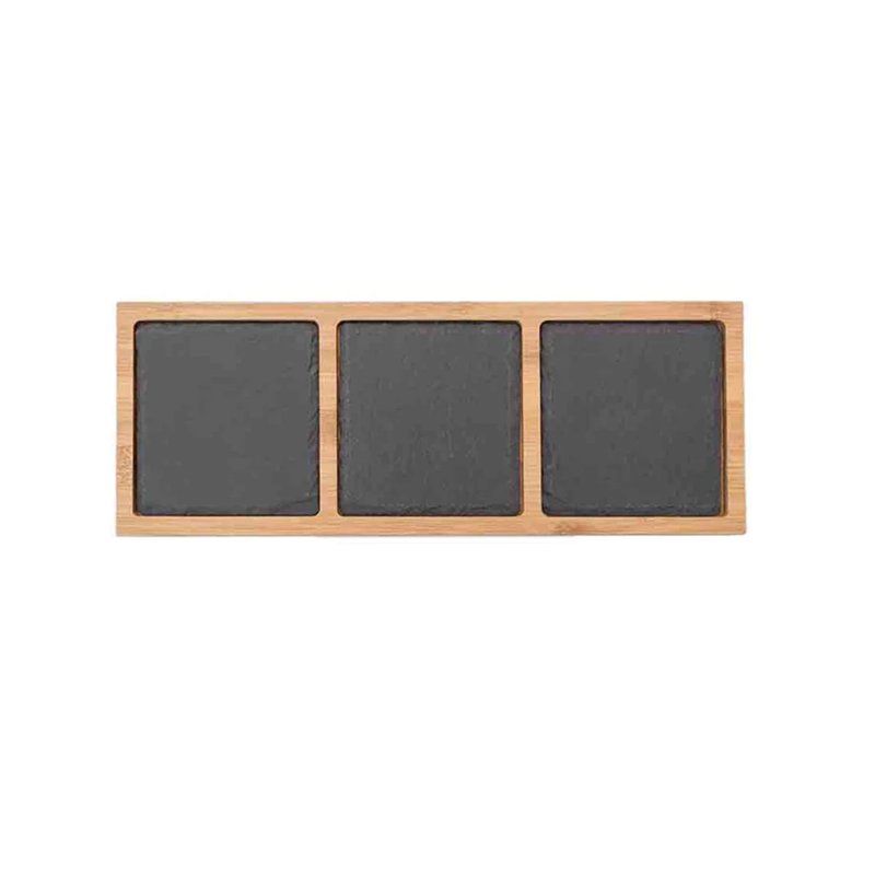 3-Section Bamboo Frame Serving Tray with Three Square Slate Inserts