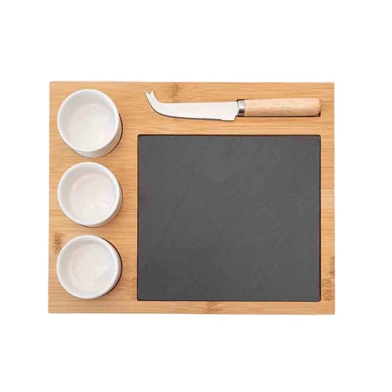 Bamboo Slate Cheese Board Set with Ceramic Ramekins and Cheese Knife