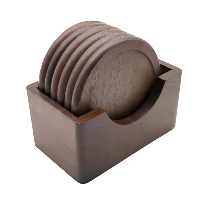 Round Walnut Wood Coaster Set of 4 Heat Resistant Cup Mats With Wooden Storage Holder Decor