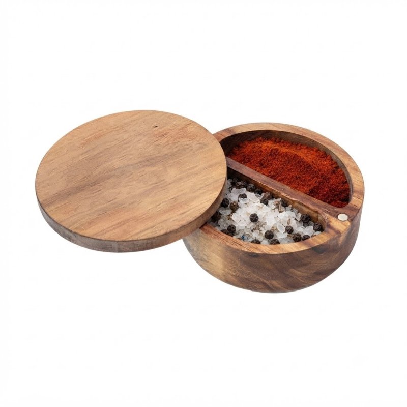  Acacia Wood Round Hinged Divided Storage Box For Spice Herb Small Item Keeping