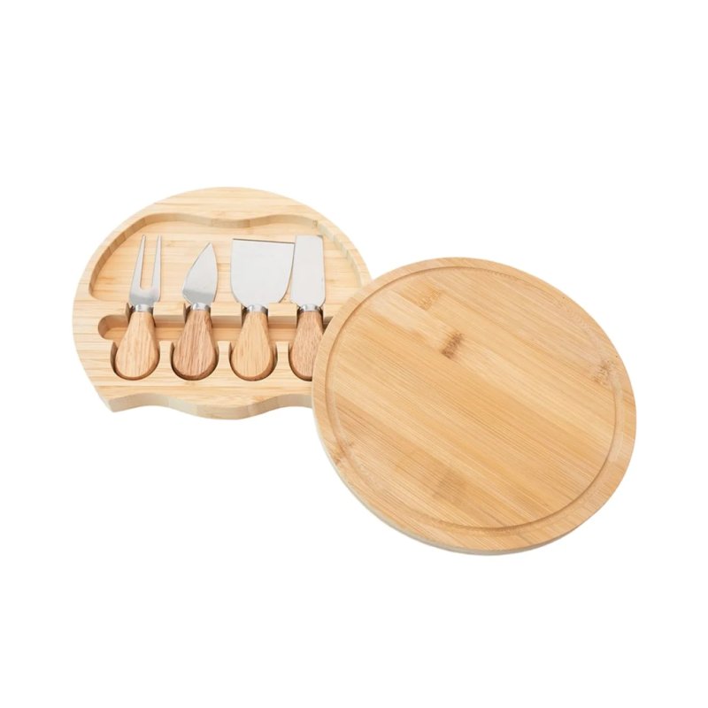  Bamboo Round Flip Cheese Board Set With 4 Stainless Steel Cheese Tools For Party Serving