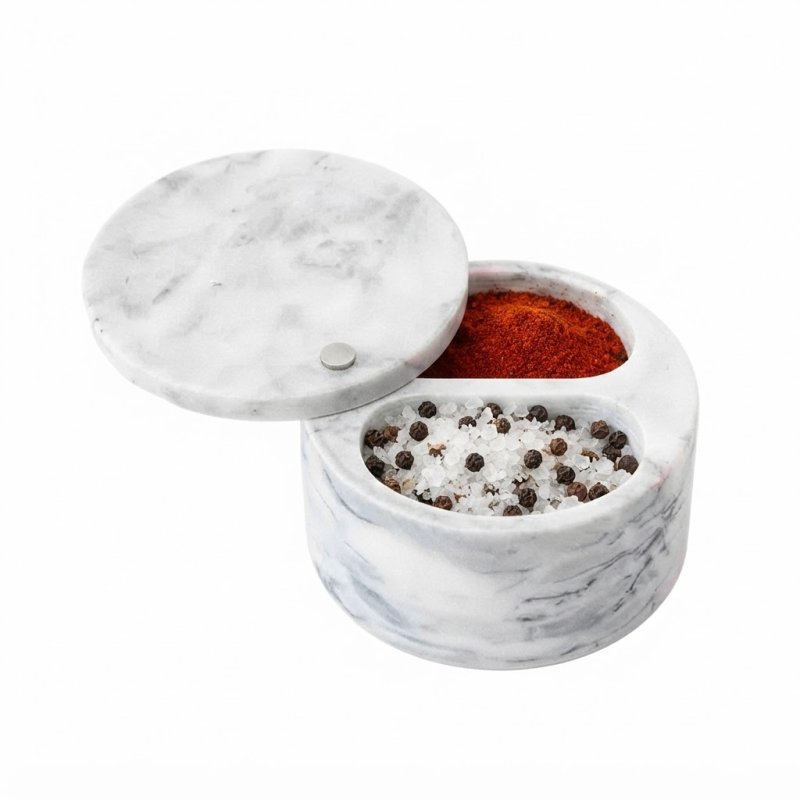  White Marble Round Hinged Dual Compartment Storage Box For Spice & Jewelry Organizer