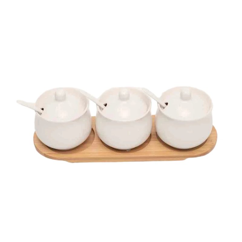  White Ceramic Spice Jar Set With Bamboo Tray Lids And Matching Spoons For Kitchen Storage