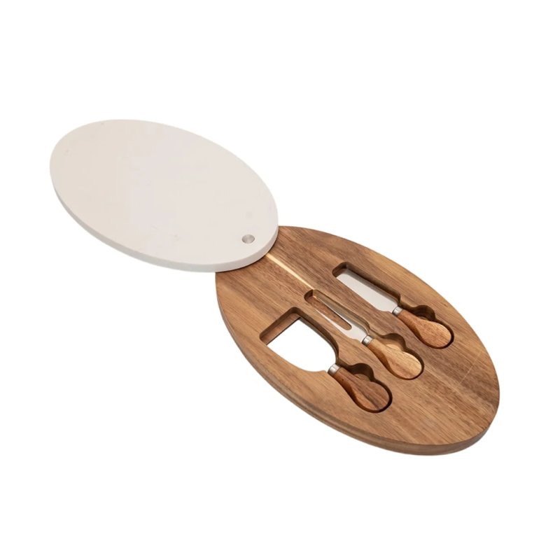  Oval Acacia Cheese Board Set With Marble Flip Lid & Tools