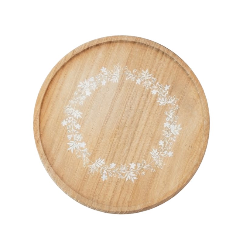  Round Wooden Tray With White Floral Wreath Embossed Pattern