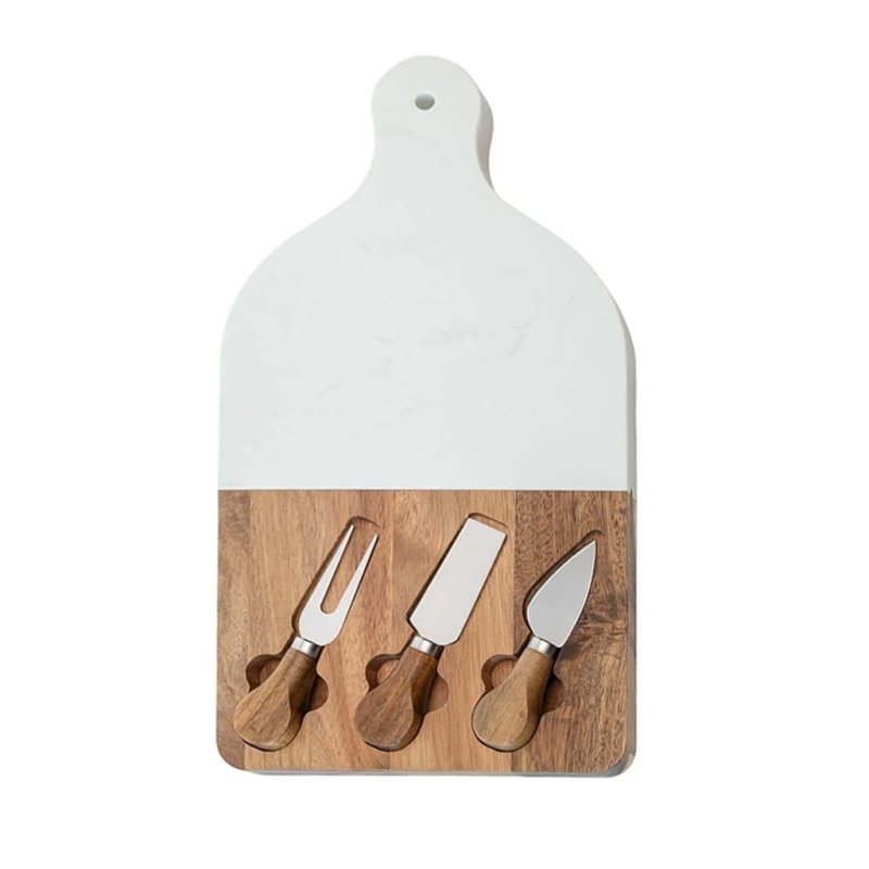  Marble & Acacia Wood Cheese Board Set With 3 Cheese Knives Cutlery