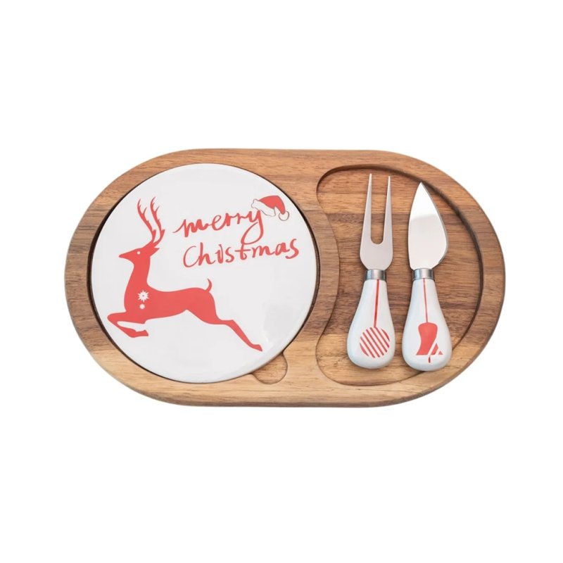  Christmas Reindeer Wooden Cheese Board Set With Cutlery
