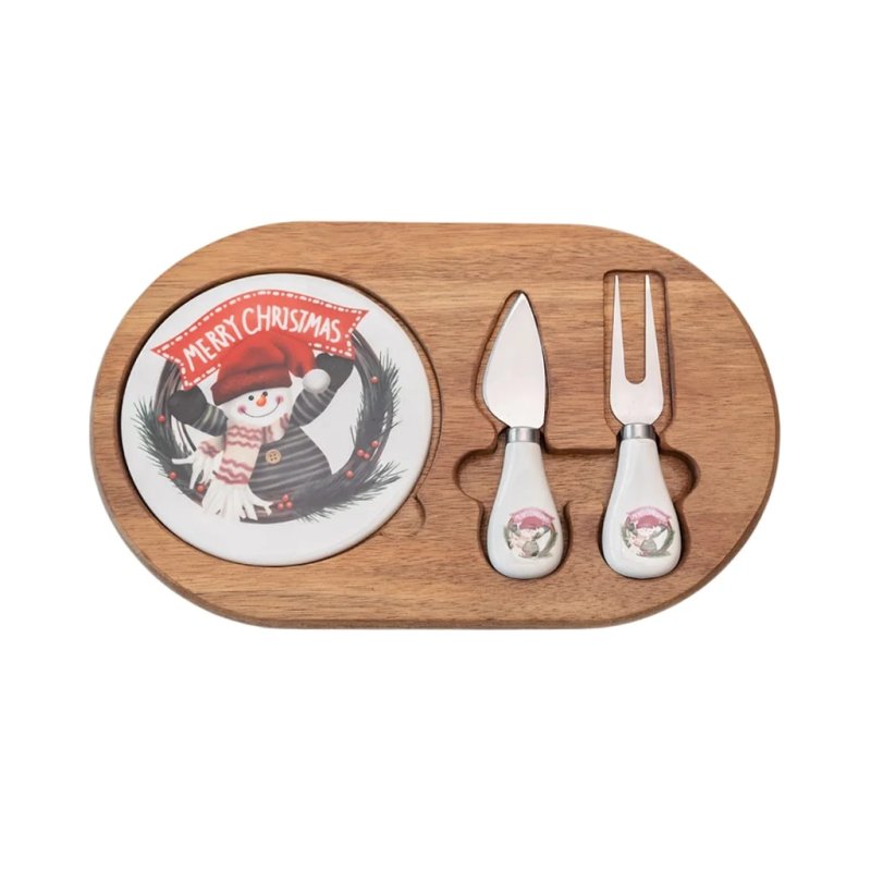  Christmas Snowman Cheese Board Set With Knife Fork & Coaster