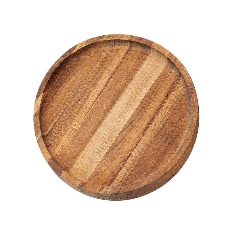  Round Teak Wood Tray Recessed Lip Anti-Spill Serving Plate