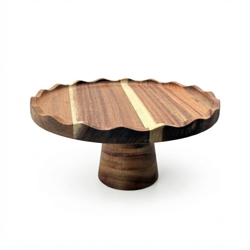 Scalloped Edge Acacia Wood Pedestal Serving Tray