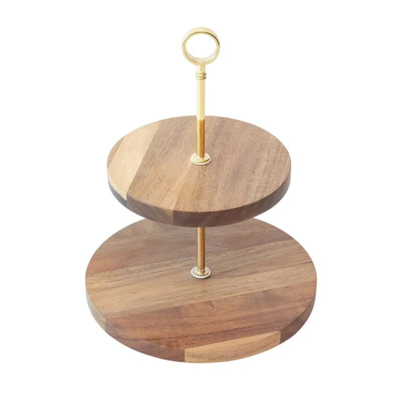 2-Tier Round Acacia Serving Tray with Golden Metal Handle