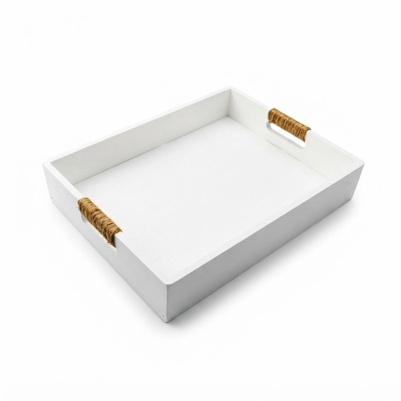 Rectangular White Wooden Serving Tray With Jute Rope Handles For Food And Table Decor