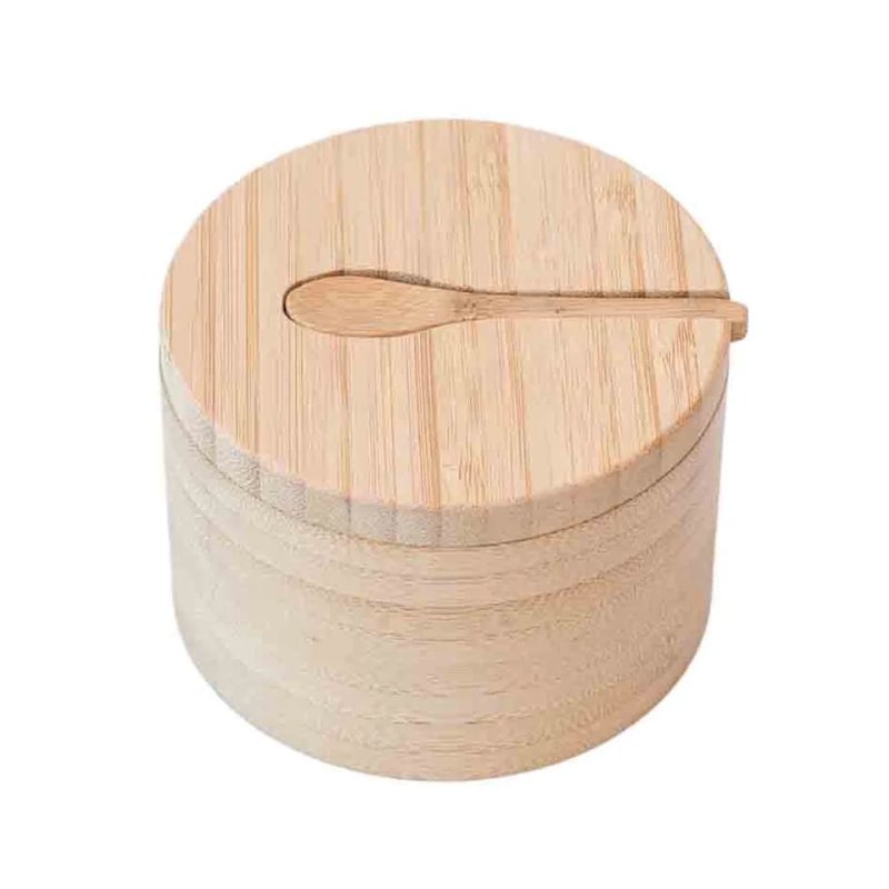 Round Bamboo Storage Jar with Lid & Built-in Spoon for Spice Salt Kitchen Use