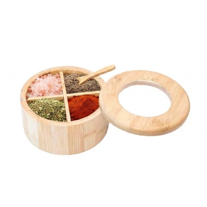  Round Bamboo Divided Spice Storage Box With Transparent Lid For Kitchen Seasoning Organizing