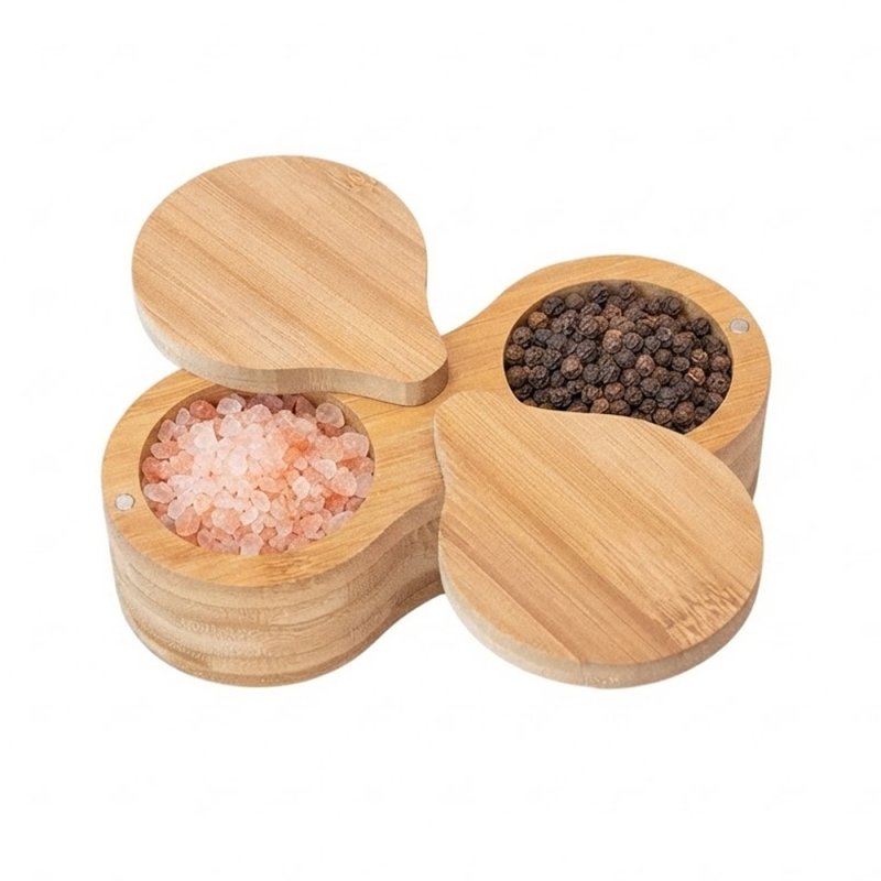 Bamboo Double Round Linked Seasoning Box With Separate Lids For Salt Pepper Storage