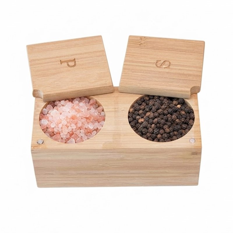 Bamboo Rectangular Dual Compartment Salt Pepper Box With Engraved Slide Lids
