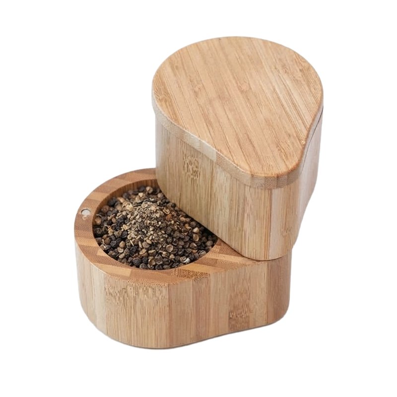 Natural Bamboo Heart Shape Salt Box With Swivel Lid For Kitchen Spice Storage