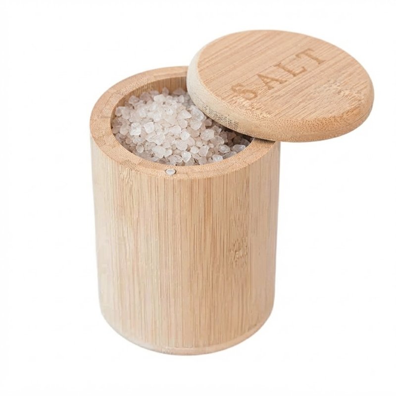 Natural Bamboo Cylindrical Salt Canister With Engraved Lid For Kitchen Seasoning Storage