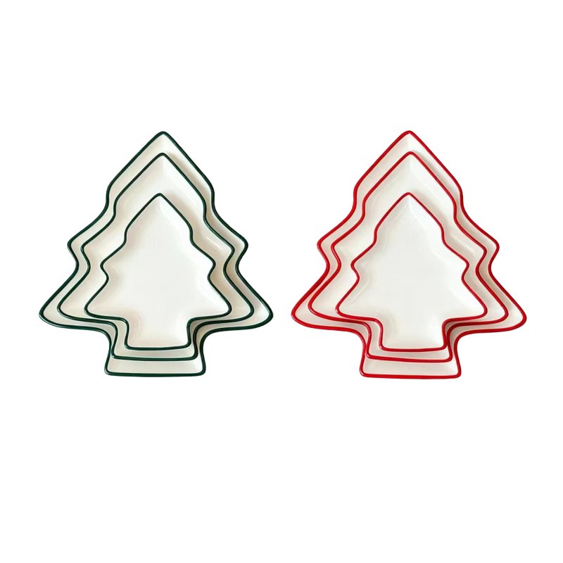 Ceramic Christmas‑Tree Shaped 3‑Piece Nested Plate Set for Holiday Snack and Dessert Serving