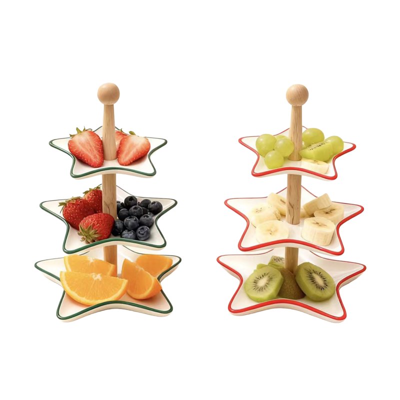 Ceramic Star‑Shaped 3‑Tier Serving Stand with Wooden Rod for Holiday Snack Dessert Display