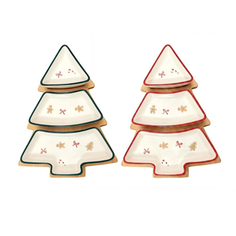 Ceramic Tree‑Shaped 3‑Piece Plate Set with Wooden Base for Christmas Snack Food Serving 