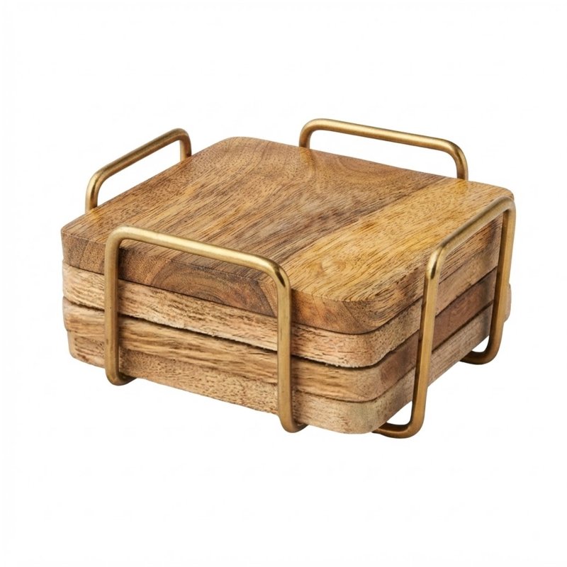 Square Mango Wood Coaster Set with Golden Metal Holder for Tabletop Drink Cup Protection