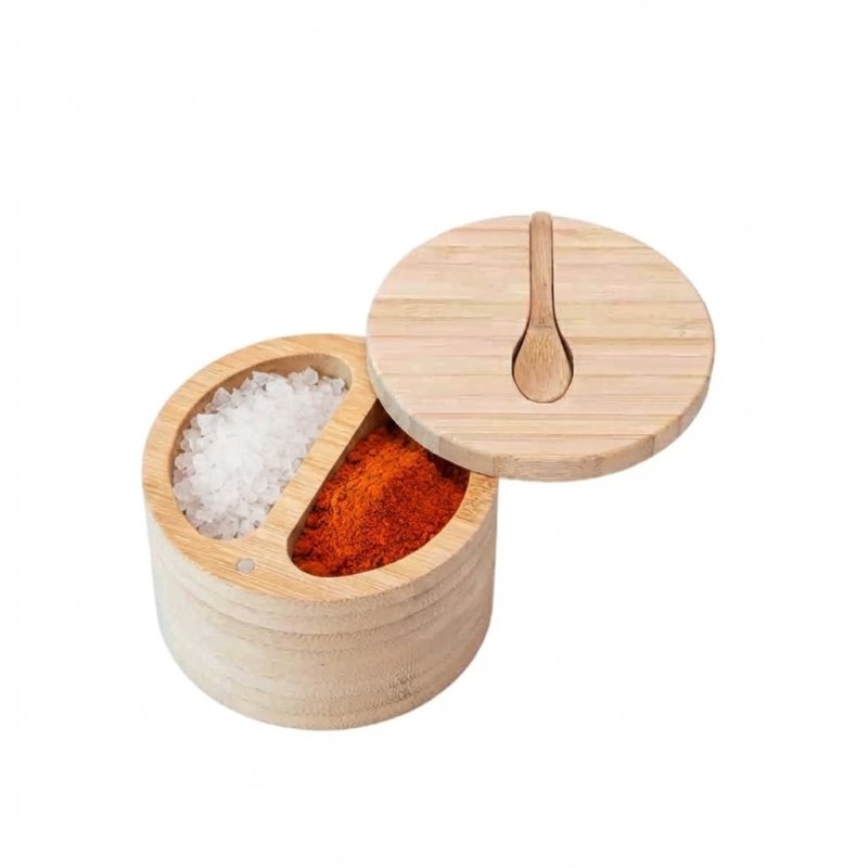Round Bamboo Salt Box Built-in Spoon Lid Design