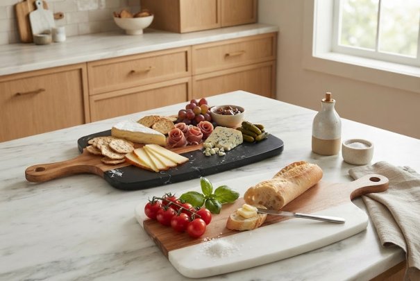 Paddle‑Shaped Acacia Wood with Marble Cutting Board for Cheese & Fruit Serving