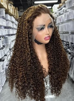 13x4  full frontal highlight piano color pixie curly virgin human hair wig