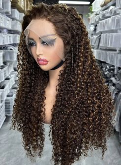 13x4  full frontal highlight piano color pixie curly virgin human hair wig