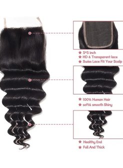 5x5 Lace Closure Human Hair Pre Plucked Bleached Knots Deep Wave