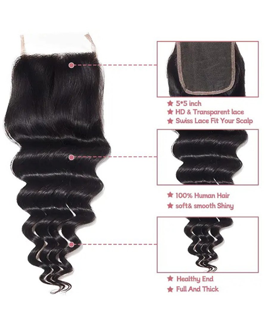 5x5 Lace Closure Human Hair Pre Plucked Bleached Knots Deep Wave