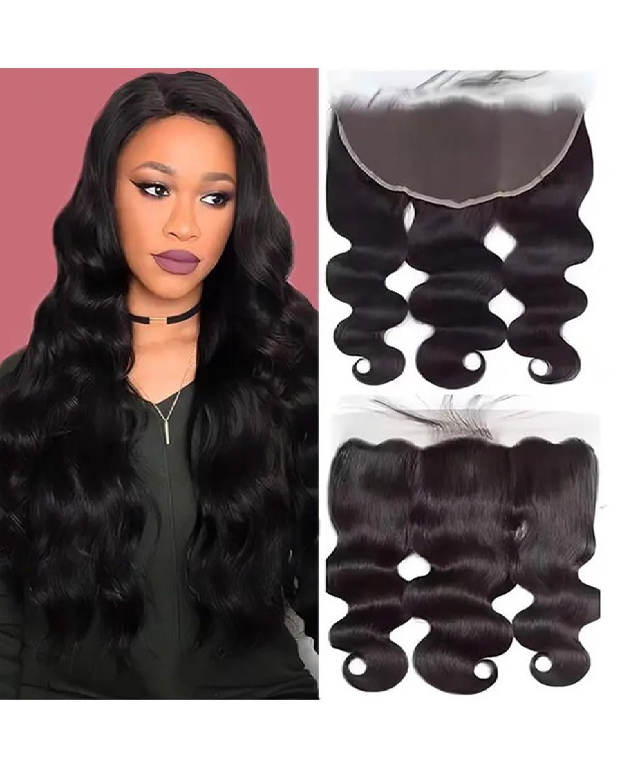 13x6 Lace Frontal Human Hair Pre Plucked Bleached Knots Body Wave 1B