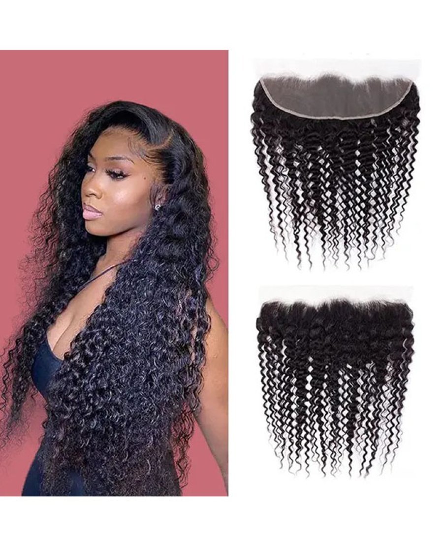 13x4 Lace Frontal Human Hair Pre Plucked Bleached Knots Deep Curly