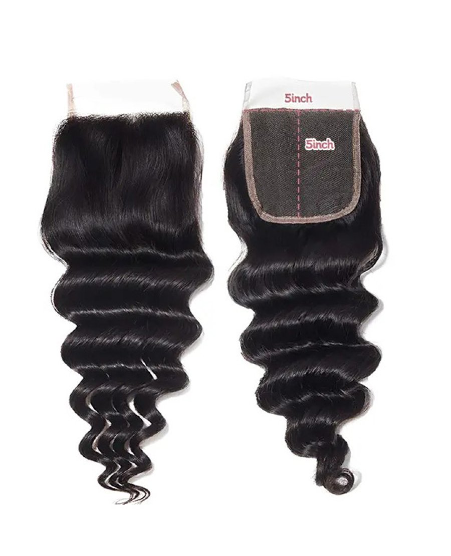 5x5 Lace Closure Human Hair Pre Plucked Bleached Knots Deep Wave