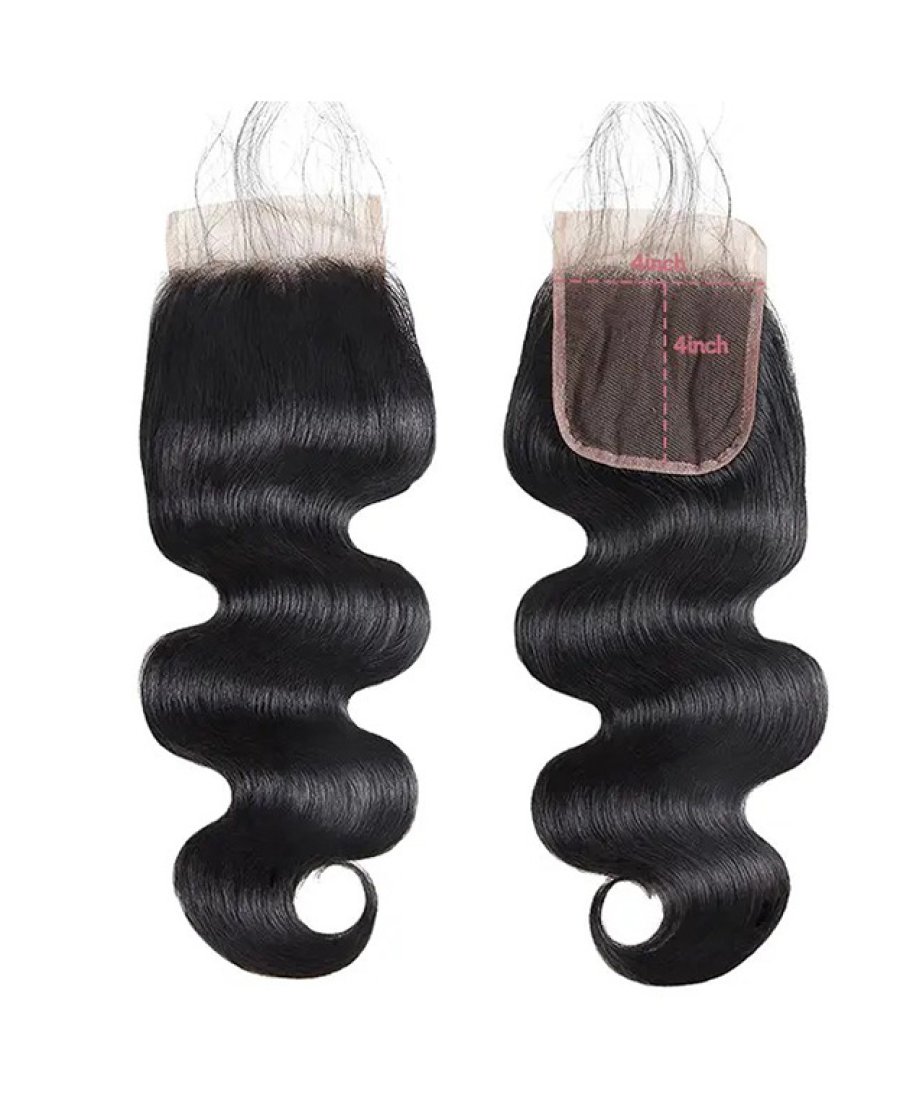 4x4 Lace Closure Human Hair Pre Plucked Bleached Knots Body Wave 1B