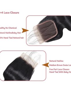 4x4 Lace Closure Human Hair Pre Plucked Bleached Knots Body Wave 1B