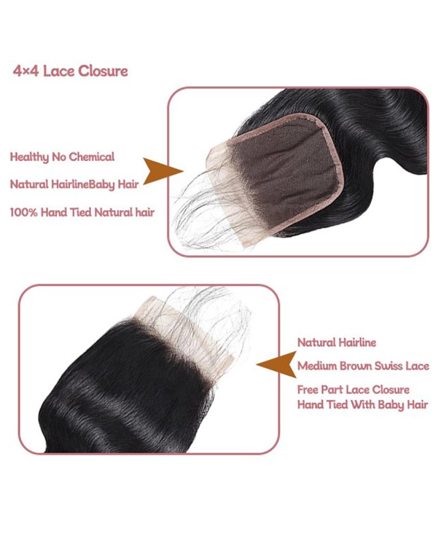 4x4 Lace Closure Human Hair Pre Plucked Bleached Knots Body Wave 1B