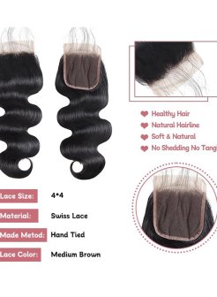 4x4 Lace Closure Human Hair Pre Plucked Bleached Knots Body Wave 1B