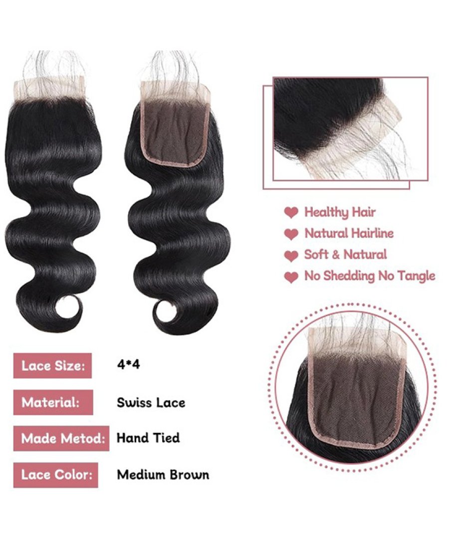 4x4 Lace Closure Human Hair Pre Plucked Bleached Knots Body Wave 1B